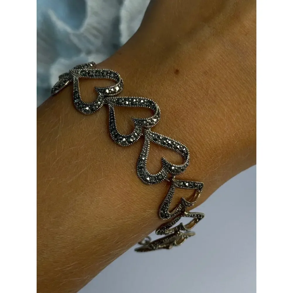925 Sterling Silver Marcasite Hearts Bracelet Length 7.5